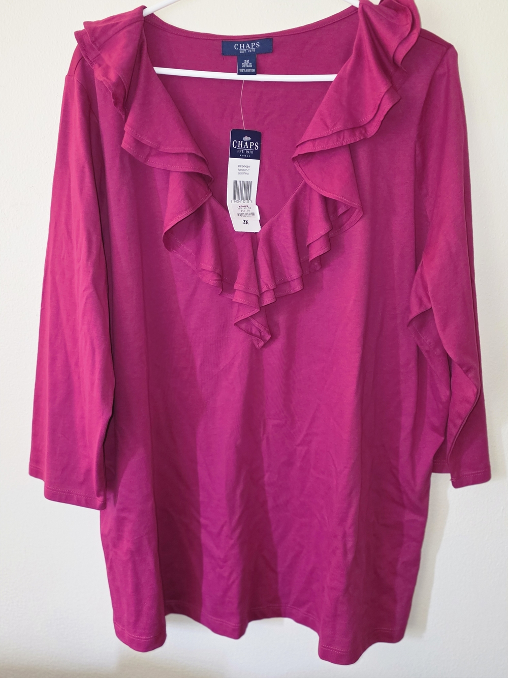 Chaps Women's Ruffled V-Neck Tunic in Fuchsia - Picture 2 of 6